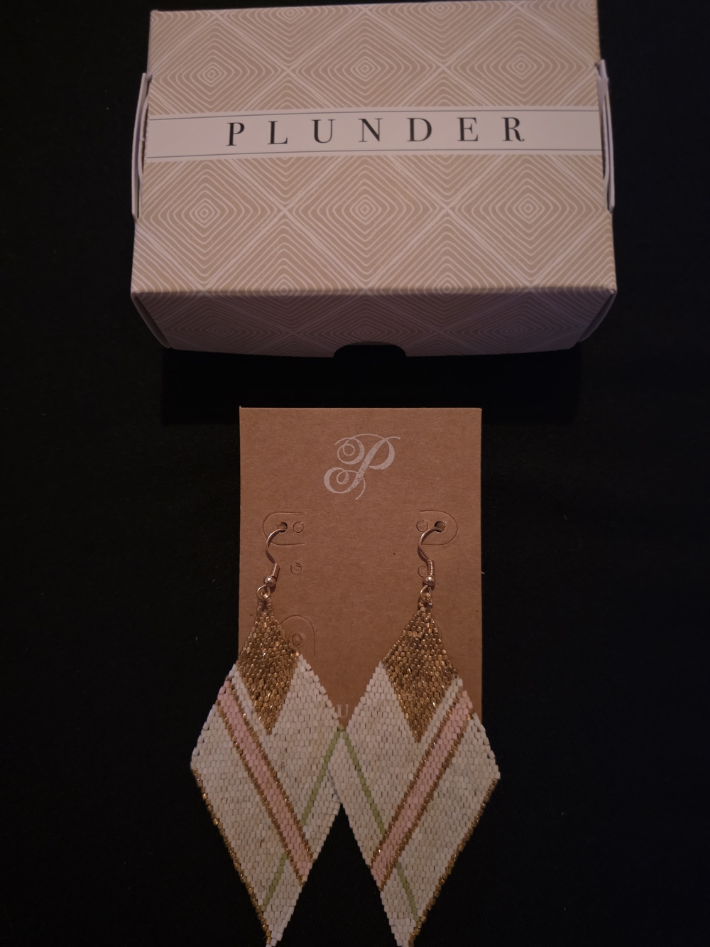 Plunder Gold, Ivory, Pink & Green Beaded Chevron Earrings